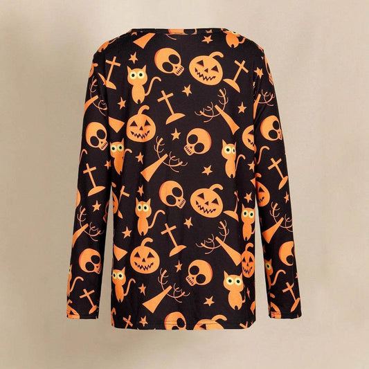 Digital Printing Halloween Round Neck Long Sleeve Plus Size T-shirt - Velora