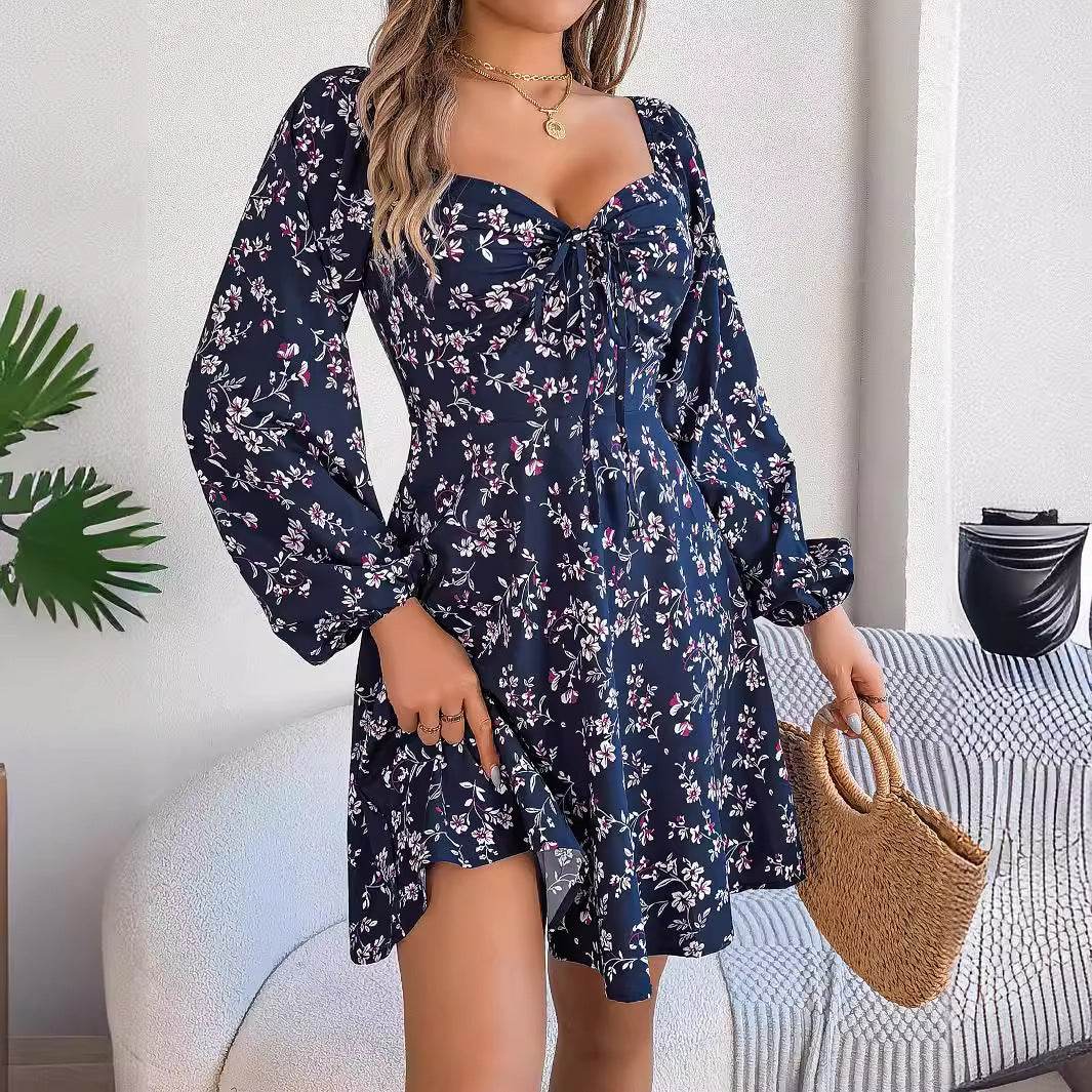 Fashion Floral Print Lantern Sleeve Dress Casual Sexy Tie Square Neck Long Sleeve A-Line Dress Women's Clothing - Velora