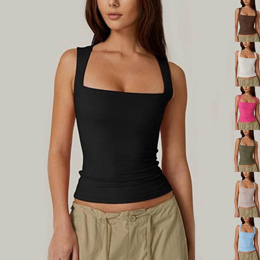 Summer Square-neck Tank Vest Ins Fashion Slim Solid Sleeveless Tops For Women Clothing - Velora