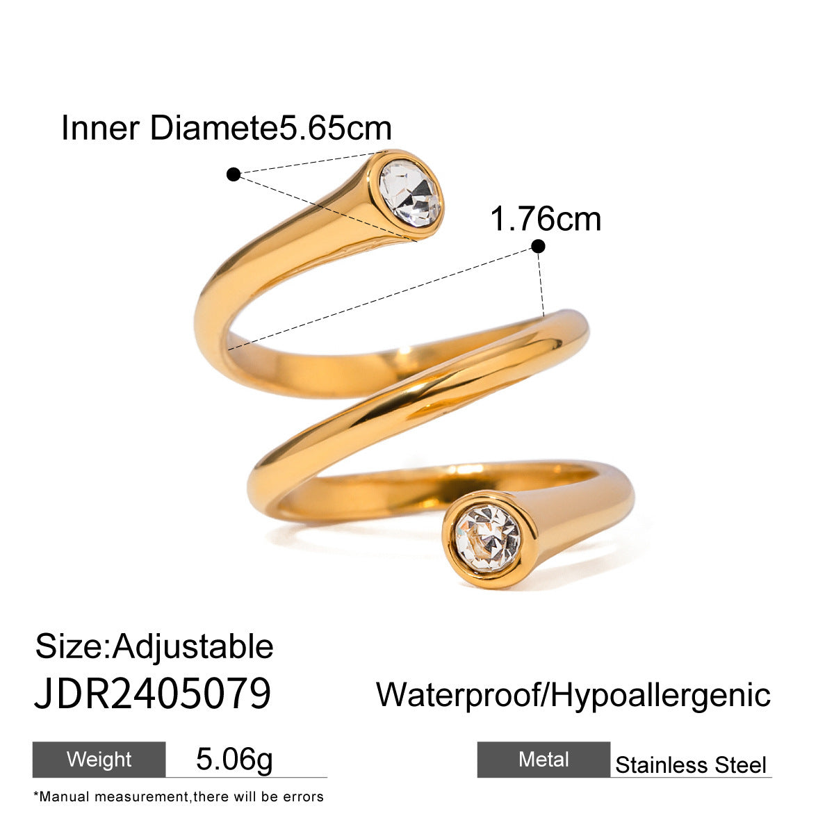 18K Gold Stainless Steel Open-end Zircon Ring High-grade Ins