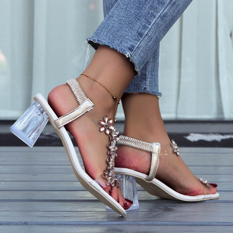 Fashion Flowers Sandals With Transparent High Square Heels Summer Square Toe Shoes For Women - Velora