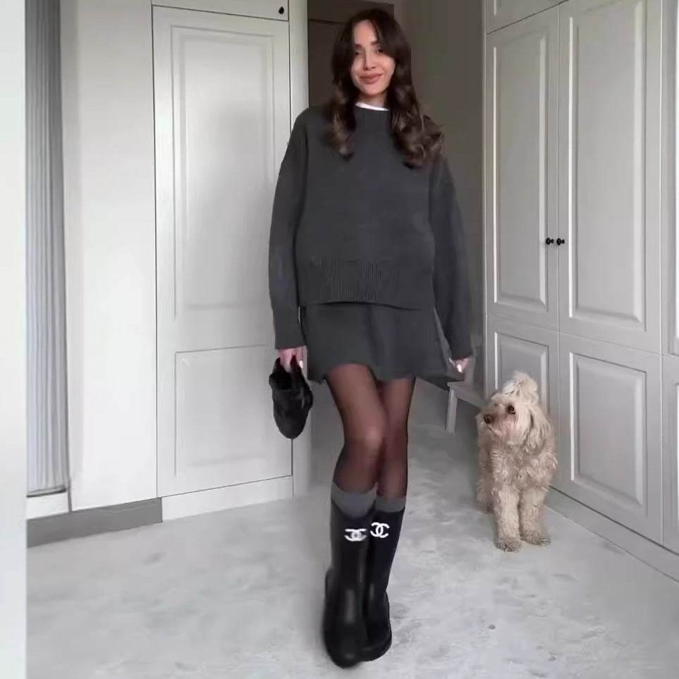 Sweater Skirt Sets For Women 2 Pieces Knit Casual Versatile Long Sleeve Pullover Elegant Solid High Waist Mini Skirt Outfit - Velora