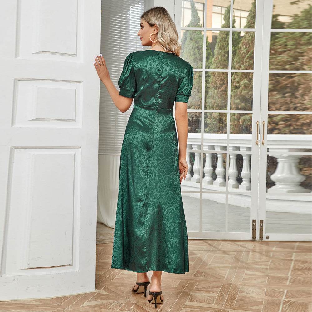 High Waist Pure Color V-neck Puff Sleeve Dress - Velora