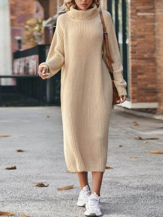 Winter Turtleneck Knitted Sweater Dress Fashion Solid Loose Pullover Long Dresses For Women Clothing - Velora
