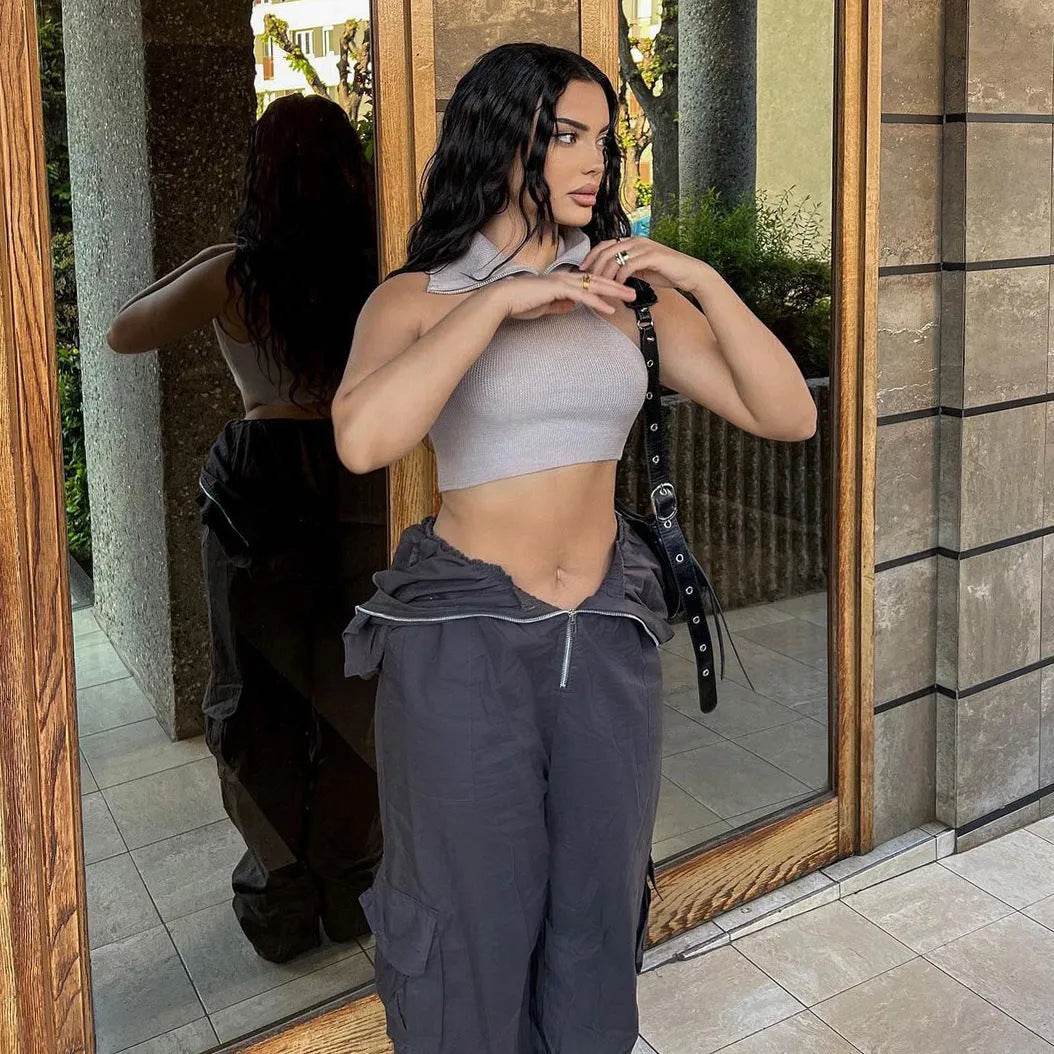 Solid Color High-waisted Zipper V Loose Straight Pocket Street fashion Cargo Pants Women - Velora