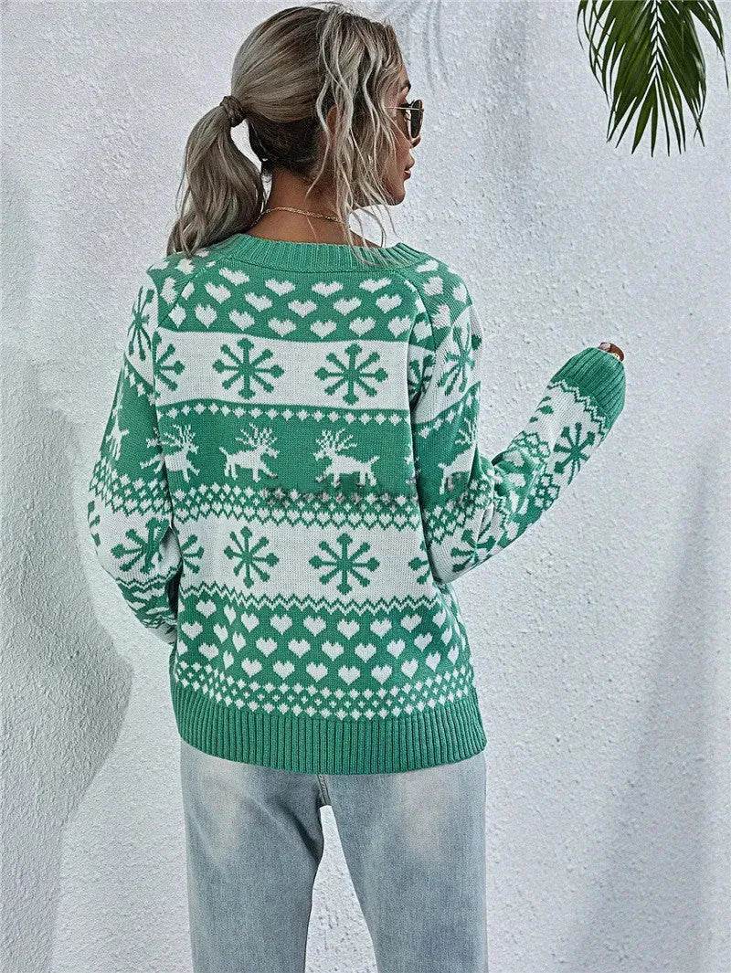 Elk Autumn And Winter New Knitted Round Neck Women's Christmas Snowflake Pullover Women's Sweater - Velora