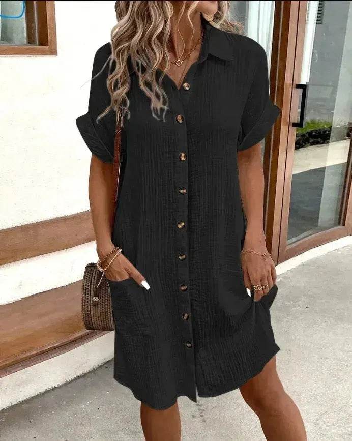 Womens Button Down Shirt Dress Summer Cotton Linen Dress V-Neck Mini Dress Casual Short Sleeve Loose Tunic Dresses - Velora