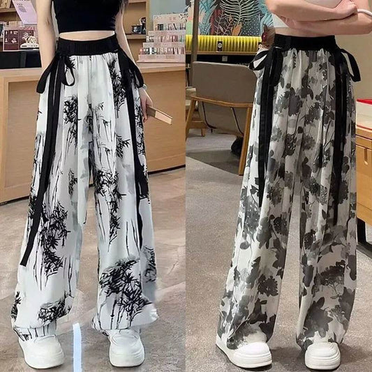 New Painting Ice Silk Wide-leg Baggy Trouser Pants Summer Women - Velora