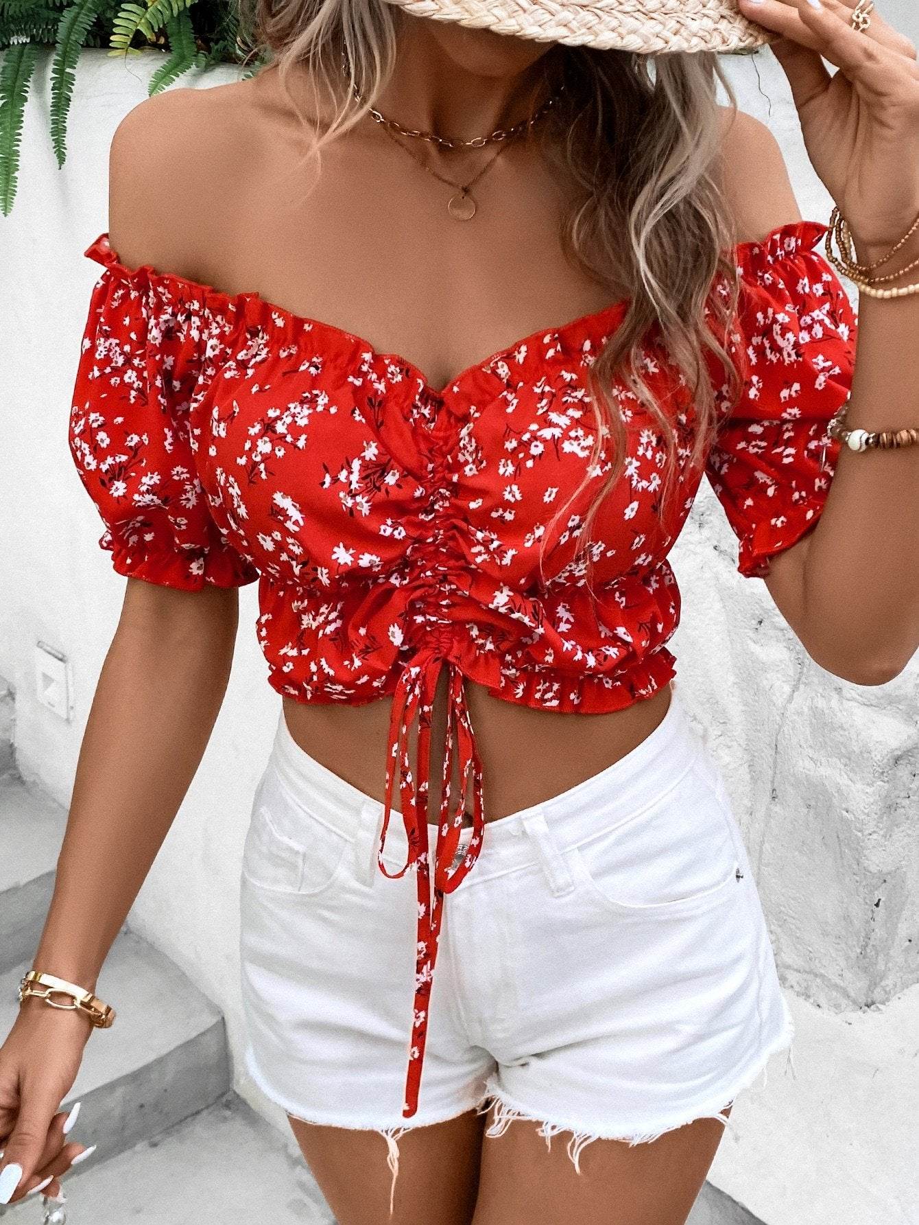 Women Vacation Style Casual Off-Shoulder Elastic Cropped Top With Floral Print - Velora