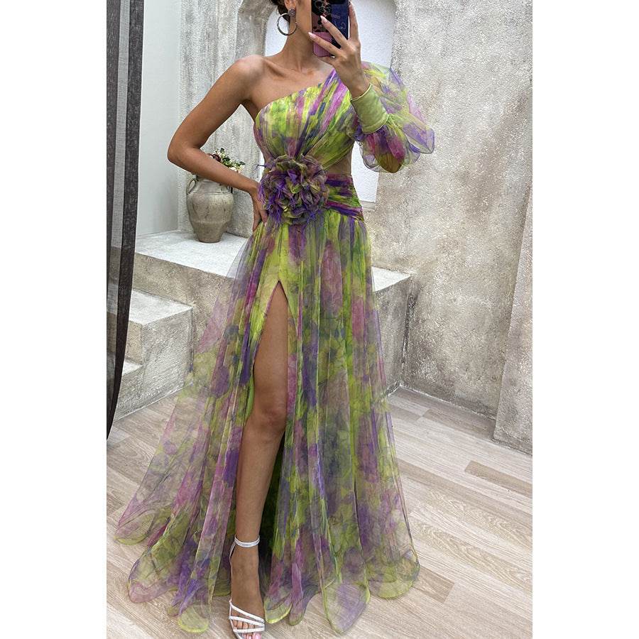 Mesh Tie-dye Printed Off-shoulder Slit Dress Summer INS Fashion Long Dress Party Womens Clothing - Velora