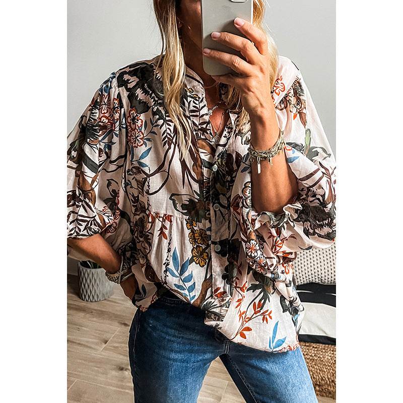 Spring Summer All-match Floral Print loose Linen blouse Shirt For Women - Velora