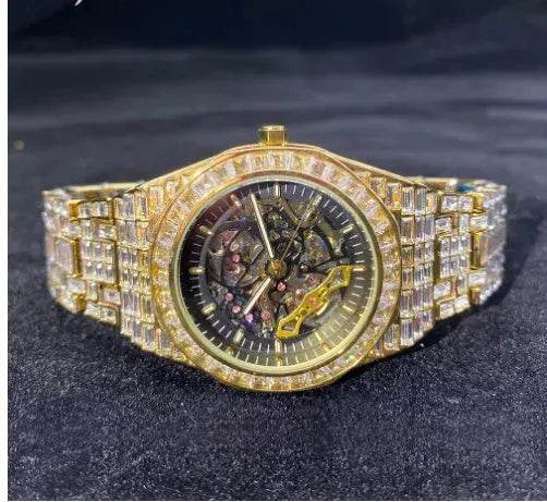 Hip Hop Full Square Diamond Luminous Hollow Mechanical Watch - Velora