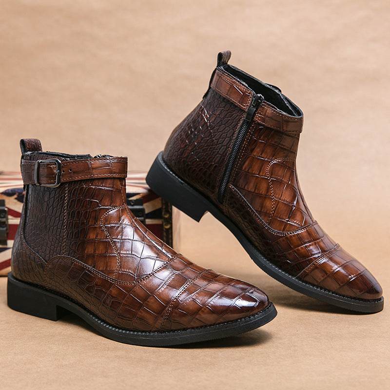 Men's Crocodile Pattern Boots Fashion Pointed Toe Low Square Heel Buckle Zipper Ankle Boots Business Formal Leather Shoes - Velora