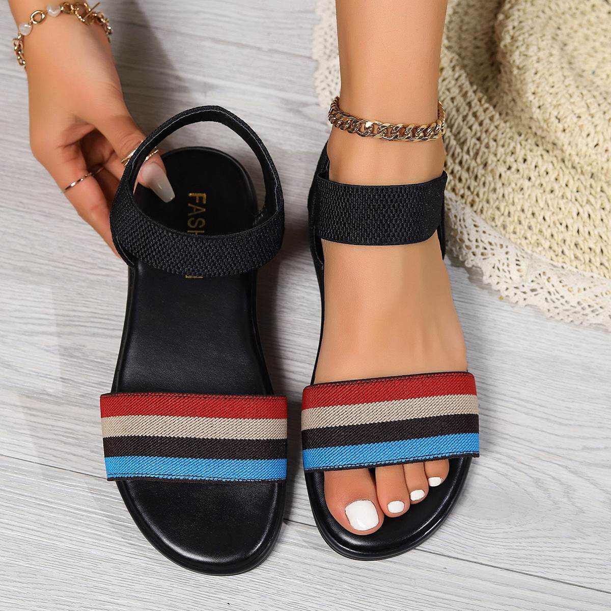 Fashion Color-block Elastic Sandals Summer Fashion Fish Mouth Flat Shoes For Women - Velora
