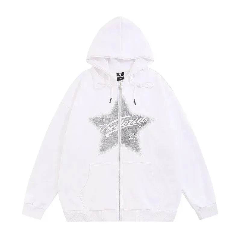 American street Star Printed Hoodie Cardigan unisex for fall winter - Velora