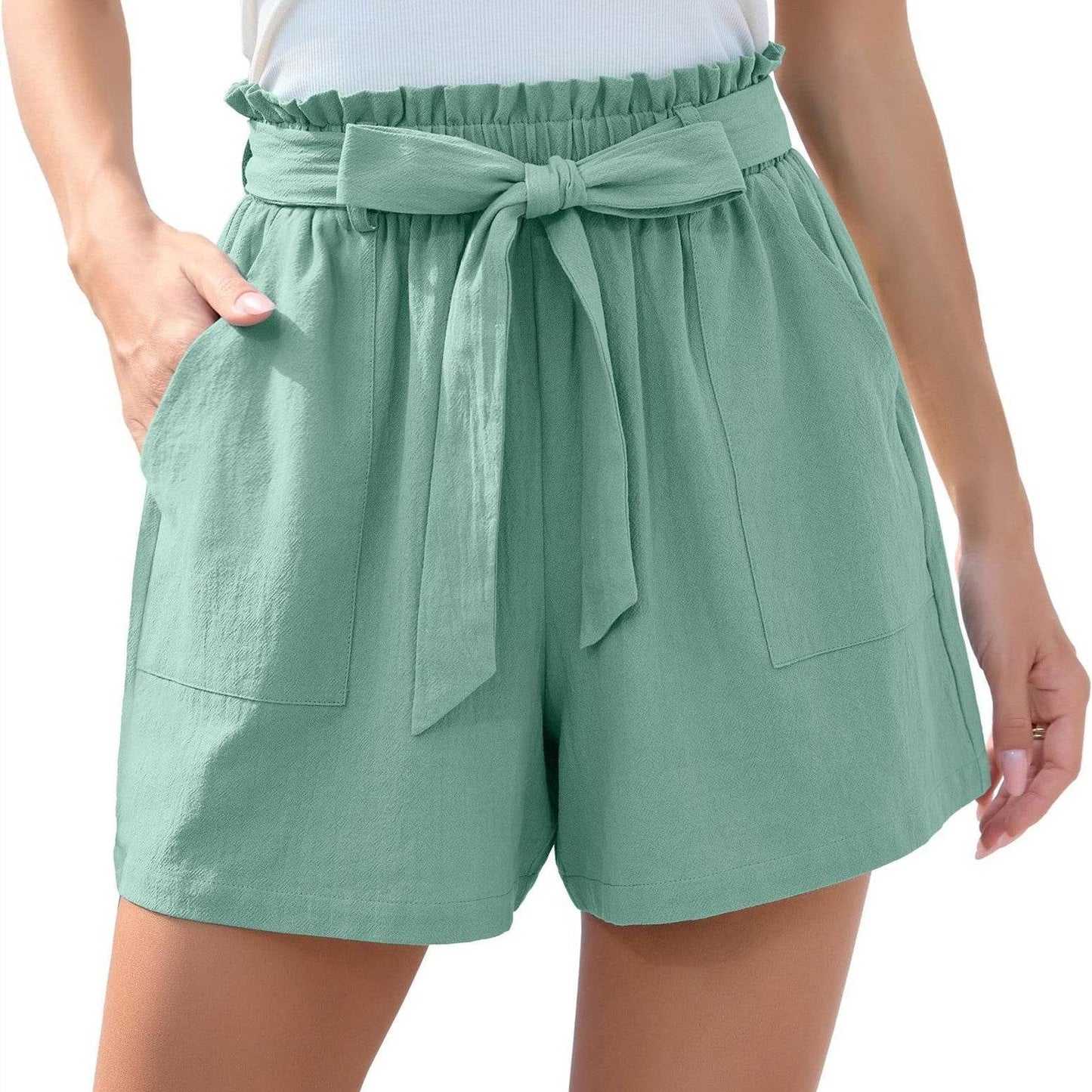 Fashion Ruffle Bow Waist Tie Shorts Summer Beach Pants With Pockets Womens Clothing - Velora