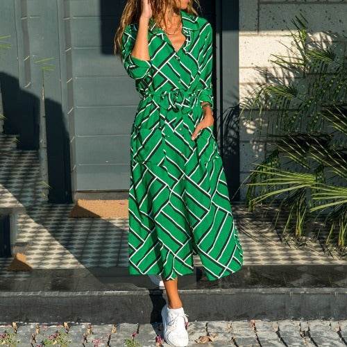 Stripe Shirt Women's Dress Spring Summer Chiffon V-neck Sexy Maxi Dresses Sexy Elegant Casual Girl Lace Women Long Sleeve - Velora
