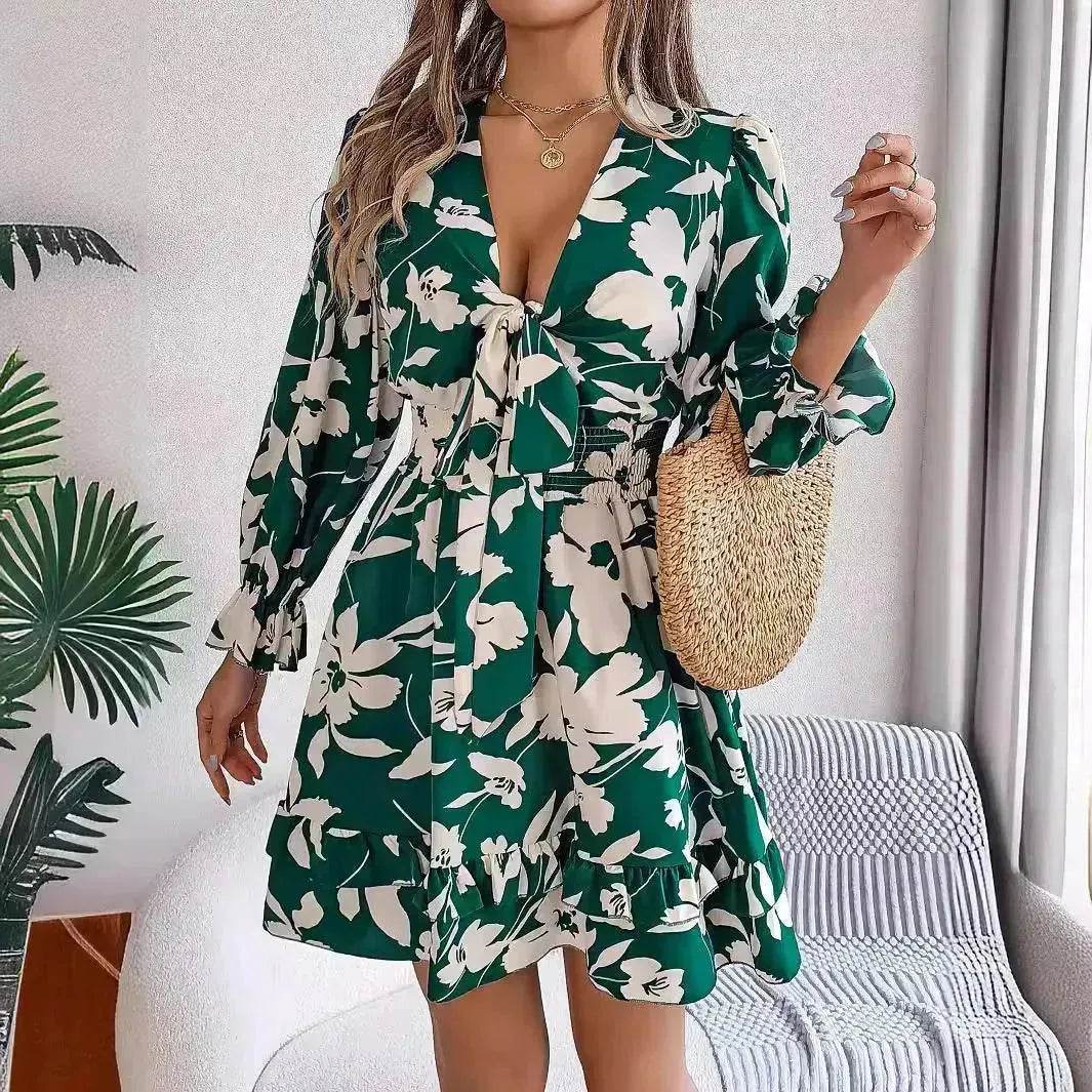 New Floral Printed V-Neck Long Sleeve Dress Fashion Ruffles Bowknot A-Line Short Mini Skater Dress Women's Clothing - Velora