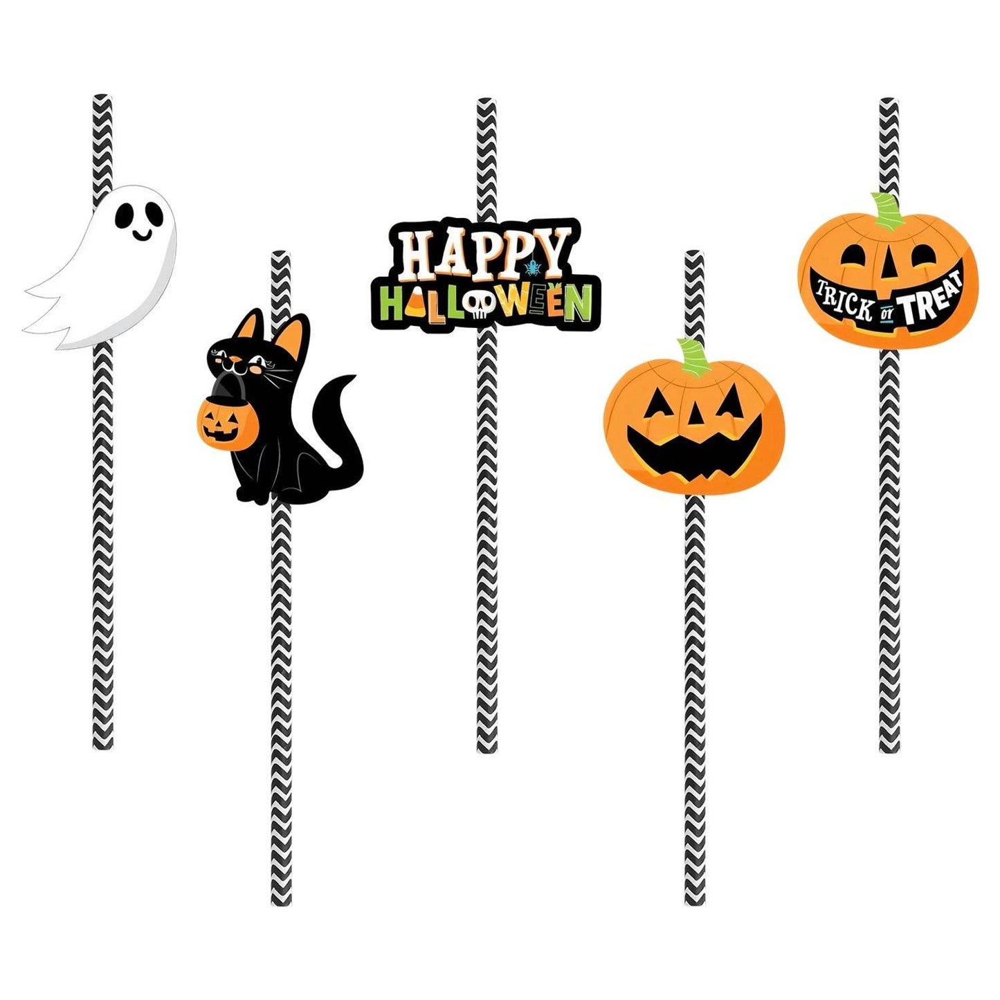 Set Of 25Pcs Halloween Party Striped Decorative Straws Disposable Drinking Straws Paper Straw Decor Happy Halloween Ghost Lantern Black Cat Halloween Party Supplies - Velora