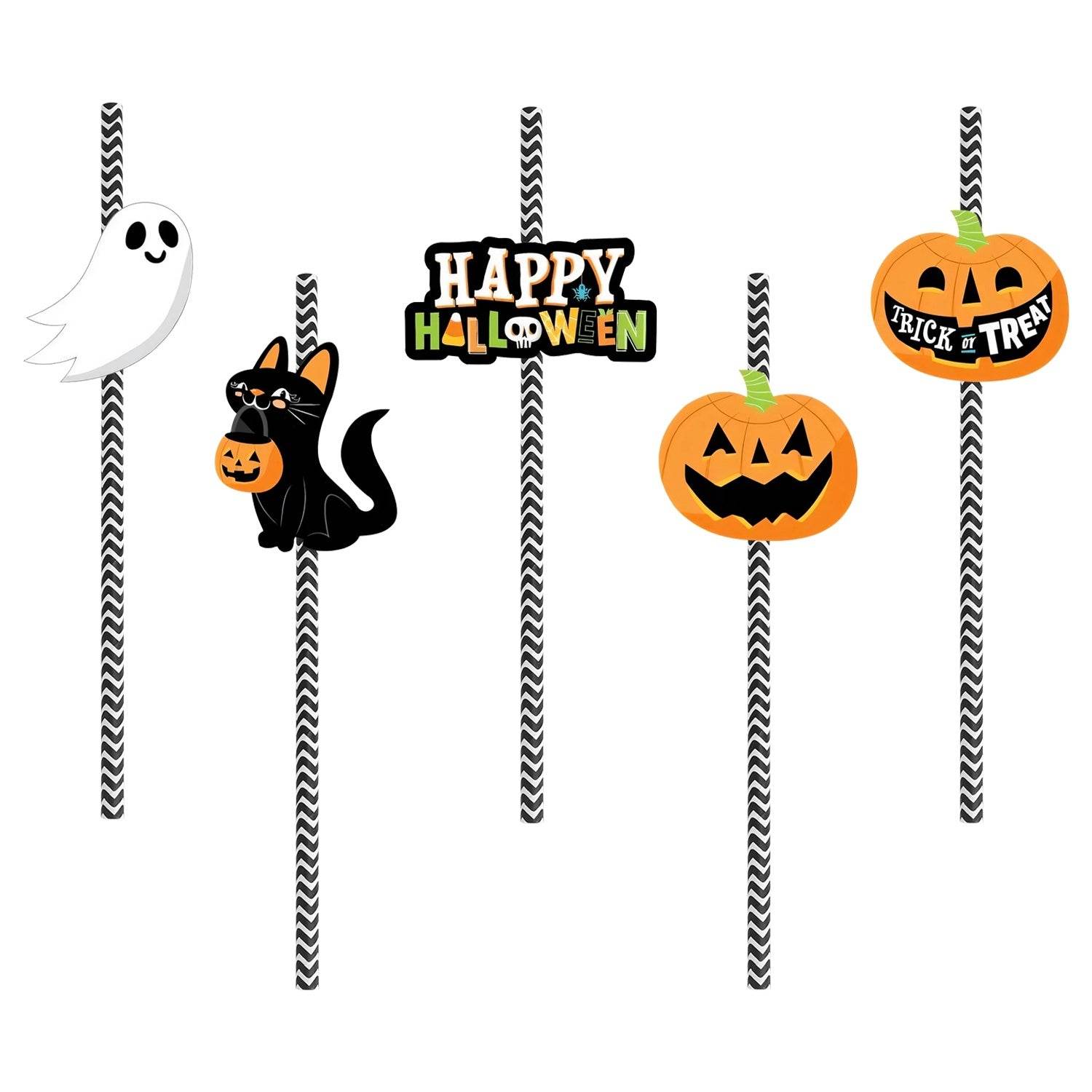 Set Of 25Pcs Halloween Party Striped Decorative Straws Disposable Drinking Straws Paper Straw Decor Happy Halloween Ghost Lantern Black Cat Halloween Party Supplies - Velora