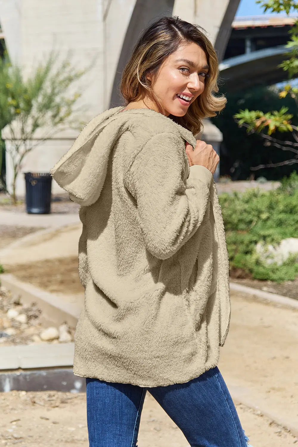Full Size Teddy Hooded Jacket with Pockets - Velora
