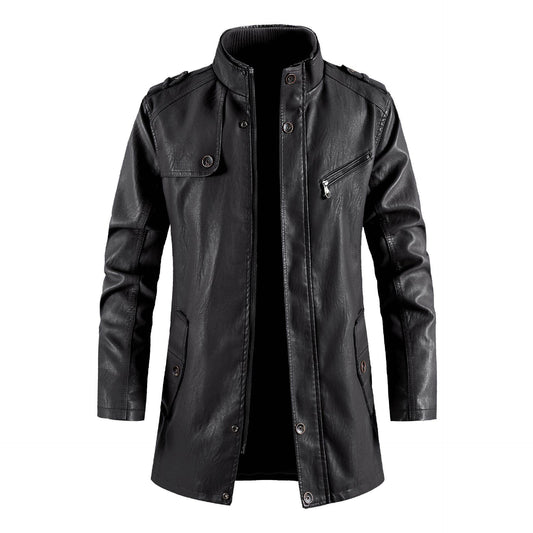 Men's Fashionable Standing Collar Plush Leather Jacket - Velora