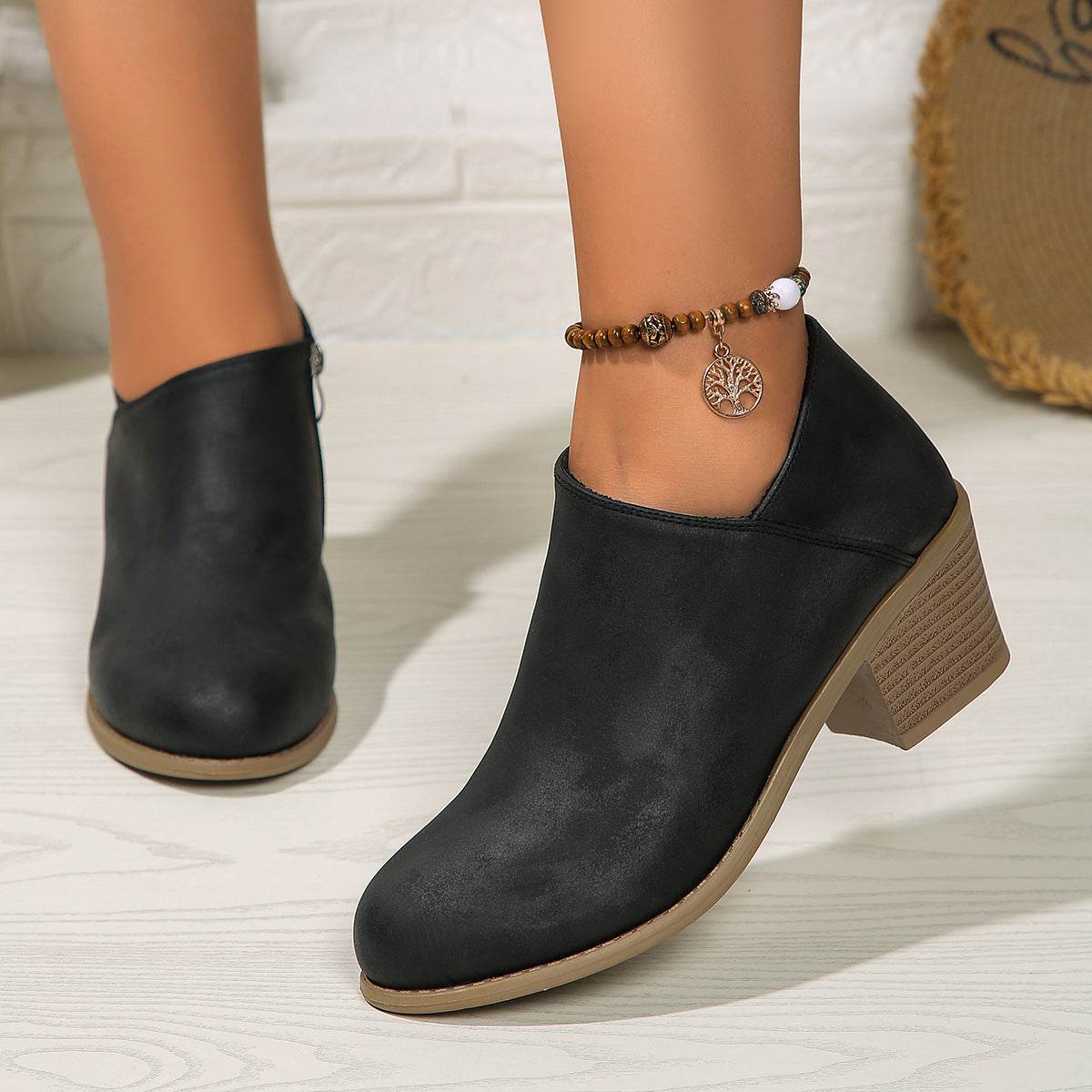 Chunky Heel Round Toe Ankle Boots With Side Zipper Design Fashion Fall Winter Short Boots For Women Shoes - Velora
