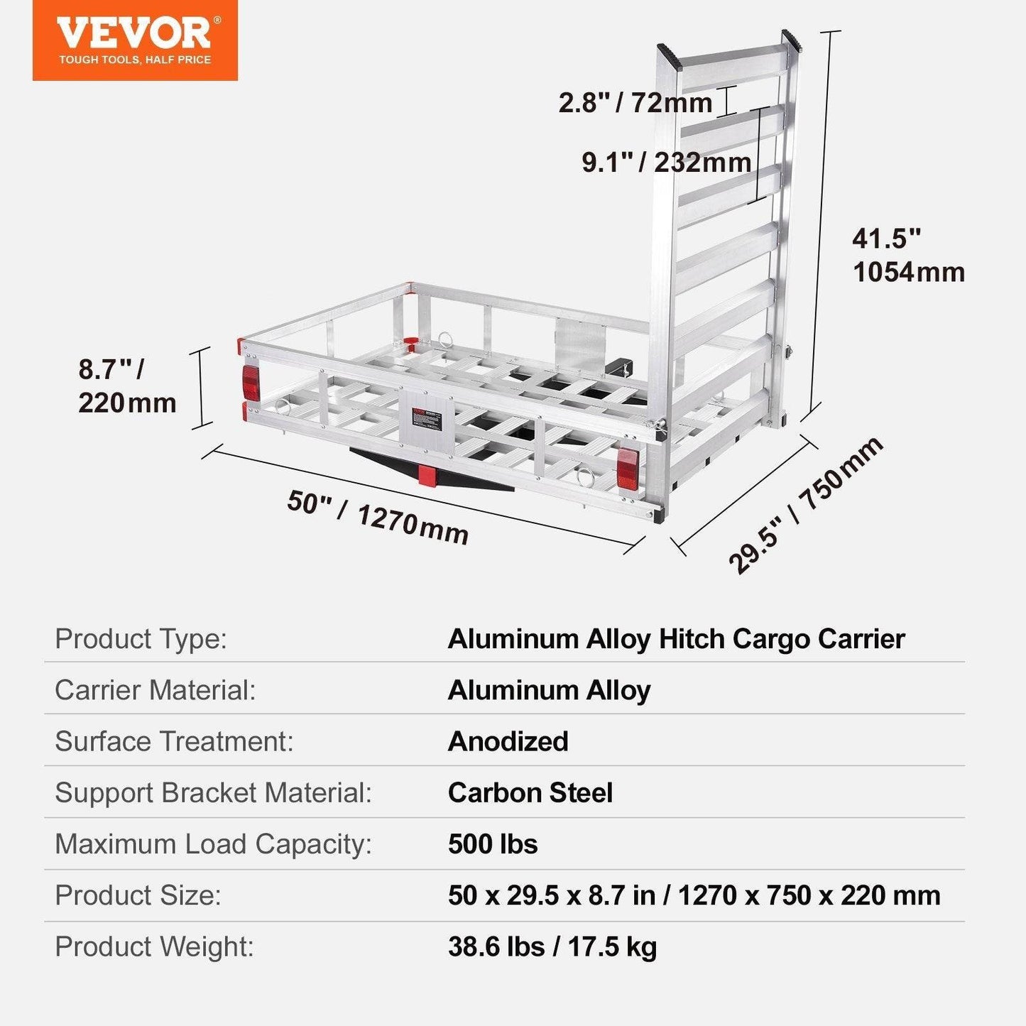 Hitch Cargo Carrier, 500lbs Capacity Trailer Hitch Mounted Cargo Basket, Aluminum Luggage Carrier Rack With Folding Ramp, Fits 2 Hitch Receiver For SUV Truck Pickup Camping - Velora