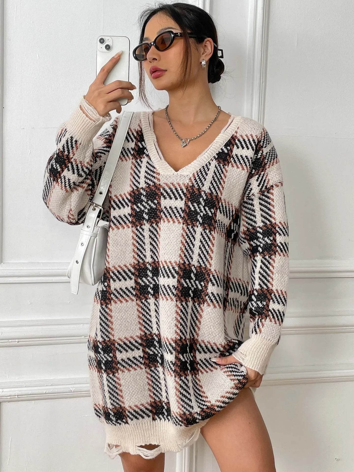 Deer Plush V-neck Long Sleeve Plaid Winter Jumper Mini dress - Velora