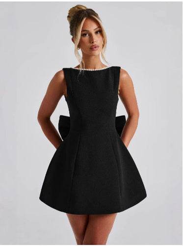 Fashion Big-Bowed Pearls Backless Dress Summer Slim Sleeveless A-line Dresses For Party Evening Women's Clothing - Velora