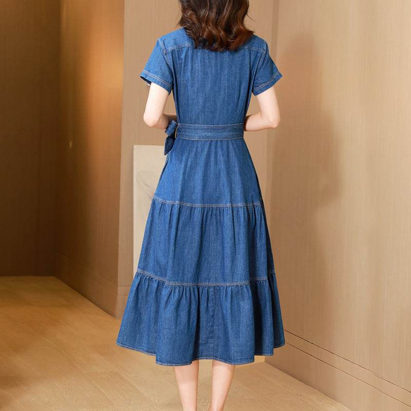Classy Elegant Single Breasted Denim flared Midi Dress - Velora
