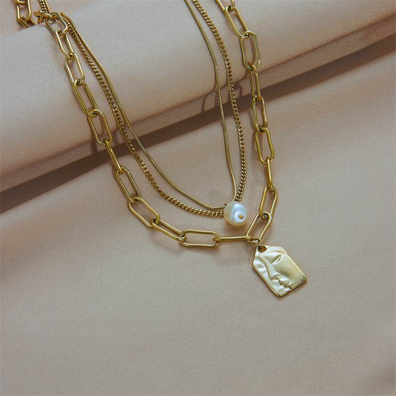 Fashion Jewelry Layered Face Portrait Chain Choker Necklace For Women Elegant Pearls Pendant Necklace Jewelry Accessories - Velora