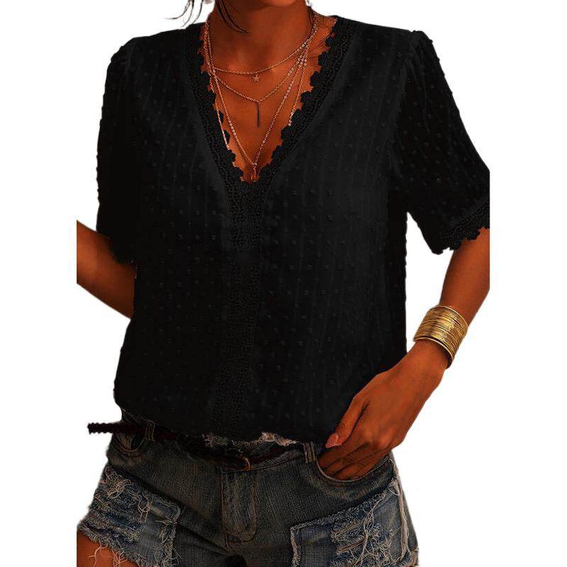 Women Chiffon blouse top European And American spring summer Embroidered Lace Short-Sleeved Blouse Women - Velora
