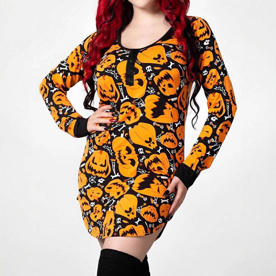 Halloween Printed Round Neck Long Sleeve Plus Size Dress - Velora
