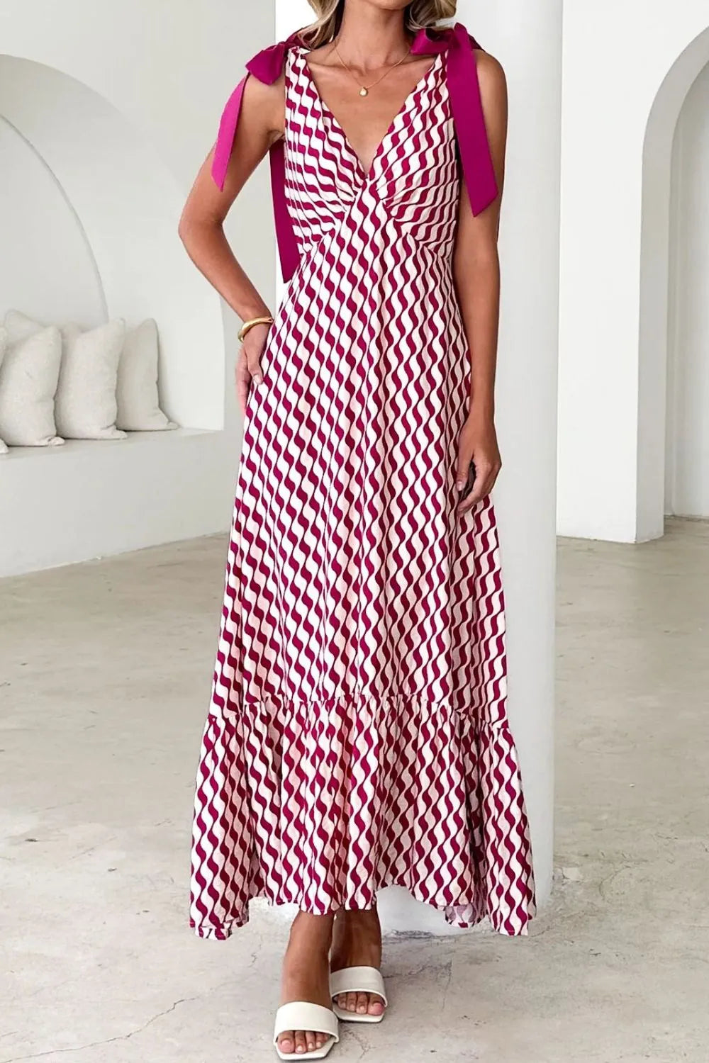 Printed V-Neck Tie Shoulder Midi Cami Dress - Velora