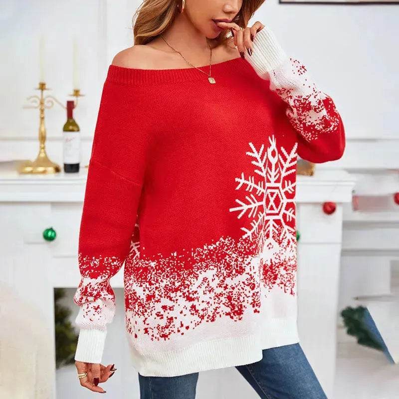 Snowflake Off-the-shoulder Cashmere Christmas Sweater top Women - Velora