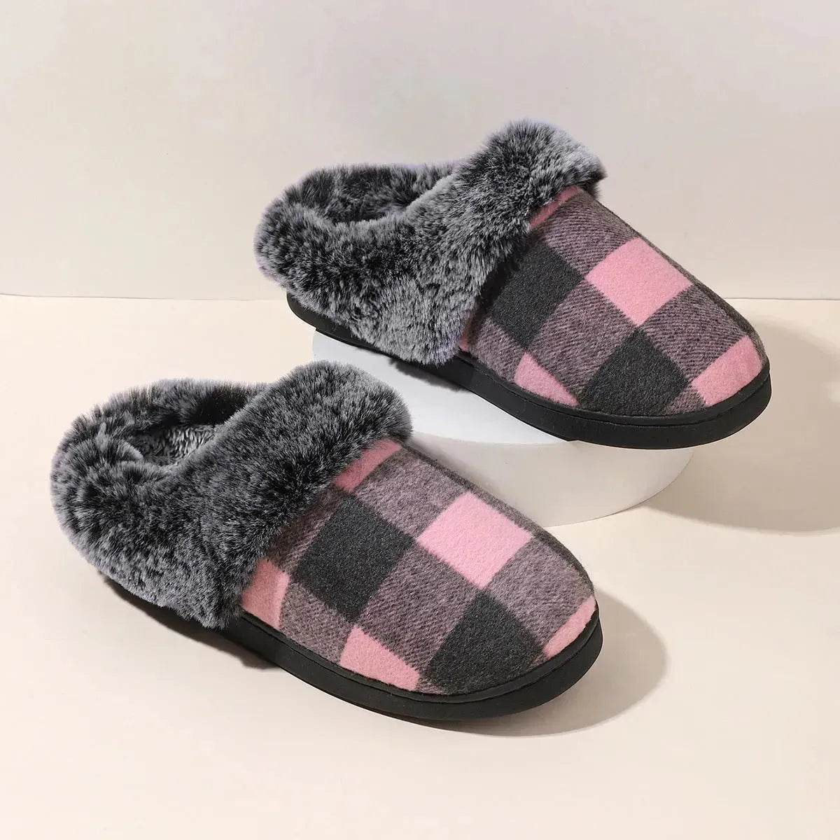 Winter Warm Plaid Plush Slippers Home Indoor Non-slip Bedroom Floor Soft Fuzzy Slipper For Couple Fashion Solid House Shoes - Velora