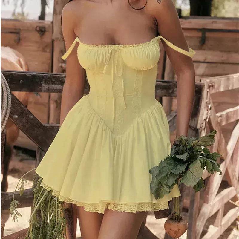 Elegant Chic Women Suspender Mini Skater Dress Summer Fashion Lace-up Slim Waist Pleated Short Dresses For Evening Party Cocktail Occasions - Velora