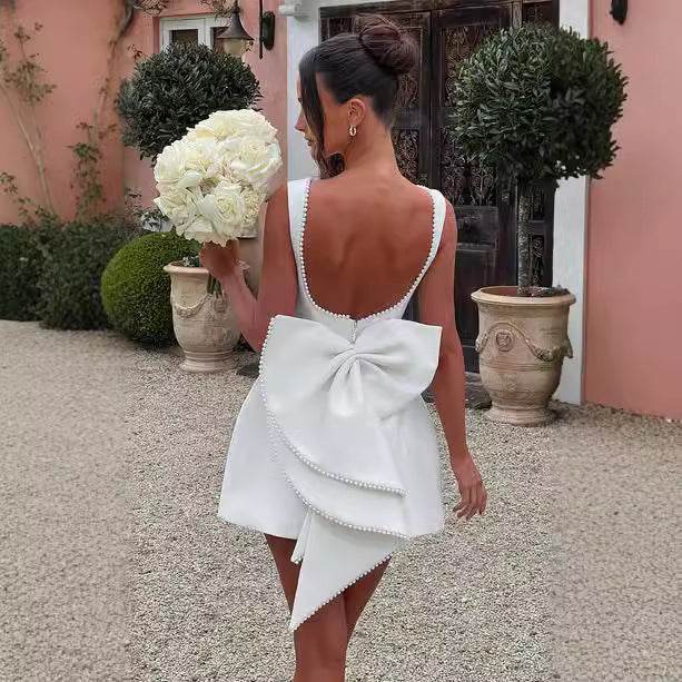 Fashion Big-Bowed Pearls Backless Dress Summer Slim Sleeveless A-line Dresses For Party Evening Women's Clothing - Velora