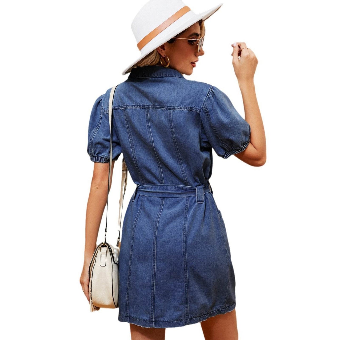 Women's Washed Belt button down Denim jeans mini short sleeve Dress - Velora