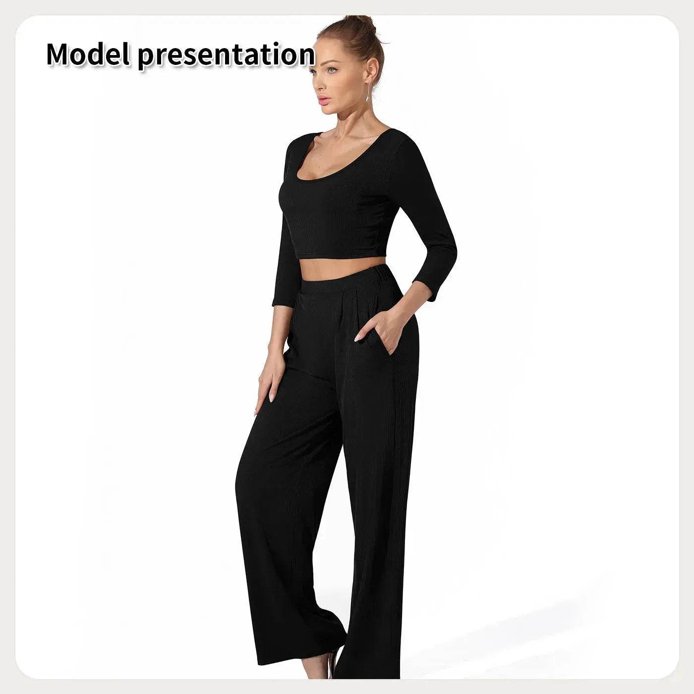 Women Fashion Casual Matching 2pcs set Long Sleeve Crop top and Pant set - Velora