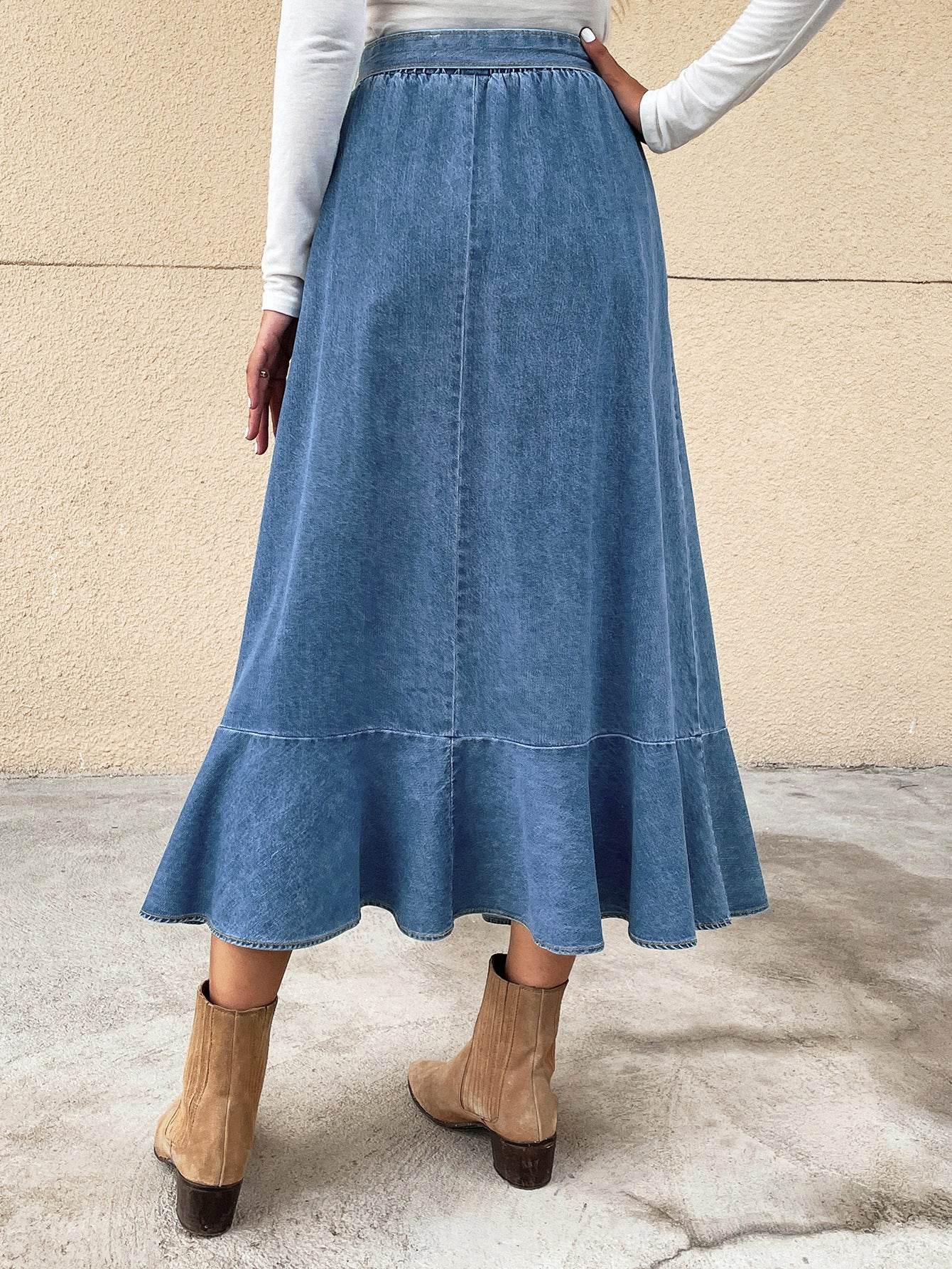 Ladies Fashion Casual Ruffled Blue Denim Maxi Skirt Women - Velora