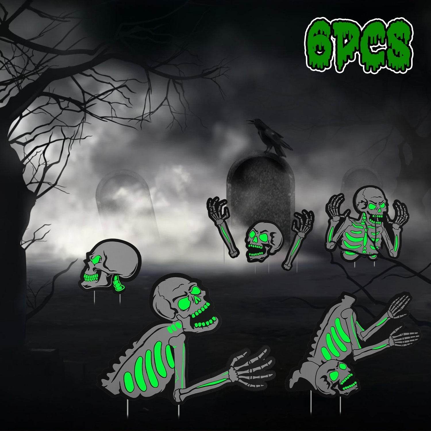 6Pcs Skull Or 6Pcs Tomb Or 5Pcs Black Cat Halloween Yard Sign Decorations Glow In The Dark For Haunted House Garden Yard And Scary Theme Party - Velora