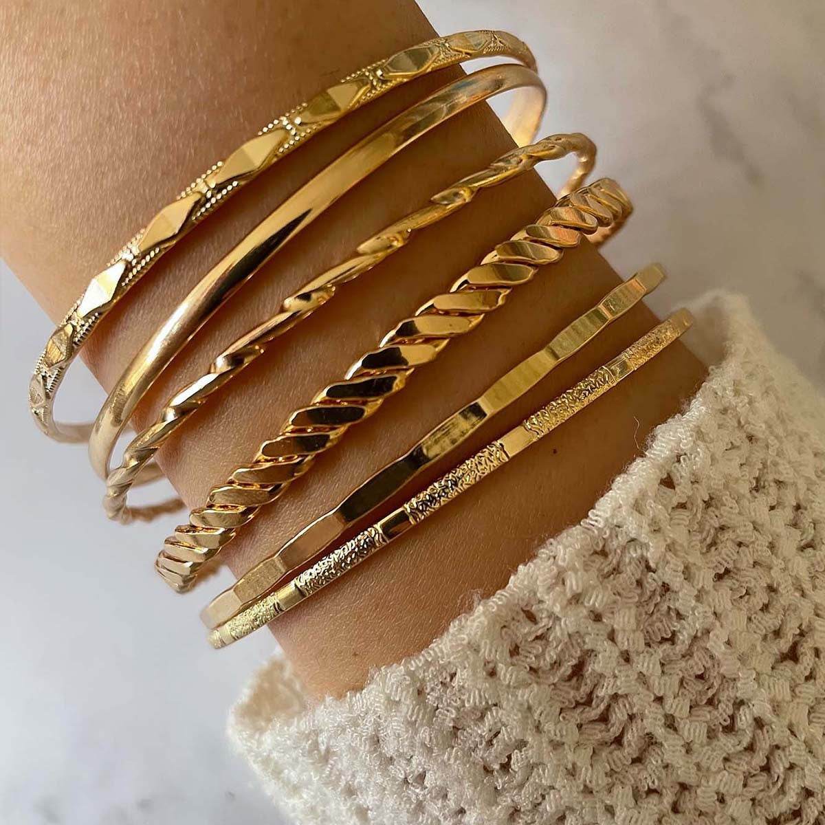 Bohemian Metal Chain Bracelet Set For Women Geometric Gold Color Thick Link Chain Bangle Female Fashion Jewelry - Velora