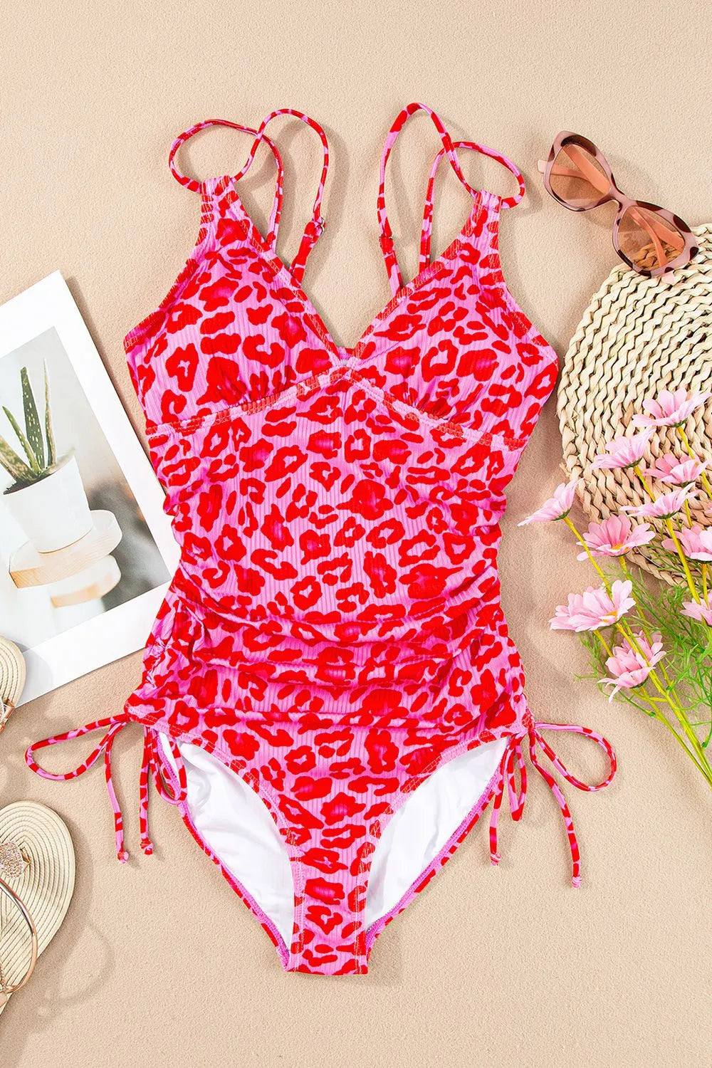 Leopard Cutout Ribbed Side Drawstring One-Piece Swimsuit - Velora