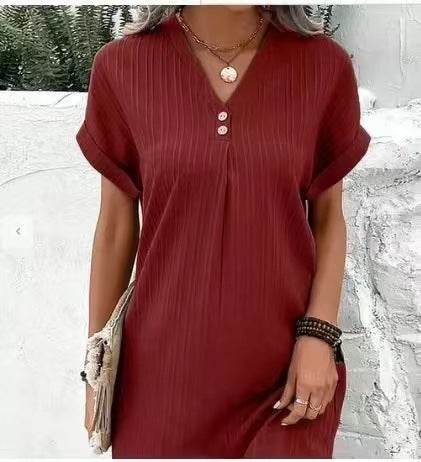 Fashion V-neck Short-sleeved Dress Casual Solid Strip Button Dresses Womens Clothing - Velora