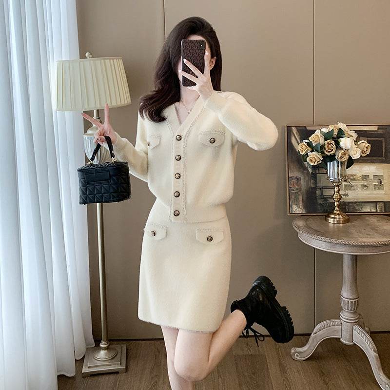 Cardigan Long Sleeve Knitted Two-piece Suit Skirt - Velora