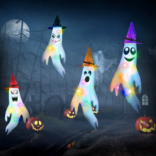 4Pcs Per Set Halloween Ghosts With Witch Hats Windsocks Hanging Decoration With Colorful LED Light Outdoor Flag Wind Socks Halloween Party Decoration For Yard Garden Tree - Velora