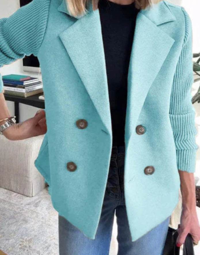 Double Breasted Lapel Jacket Fashion Knitted Sleeves Splicing Design Coat Outerwear Women's Clothing - Velora