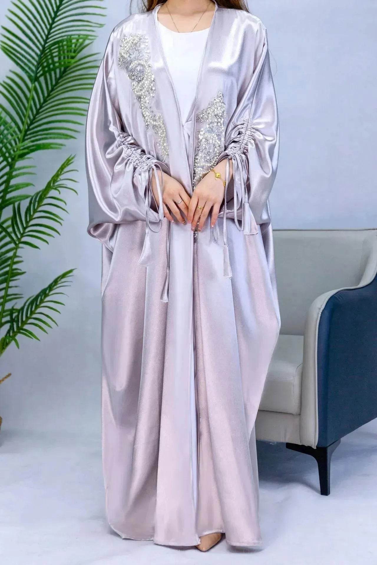 Simple Middle East Turkey Solid Color Plus Size Satin Robe Dubai Abaya Coat Turkey Abaya Kimono - Velora